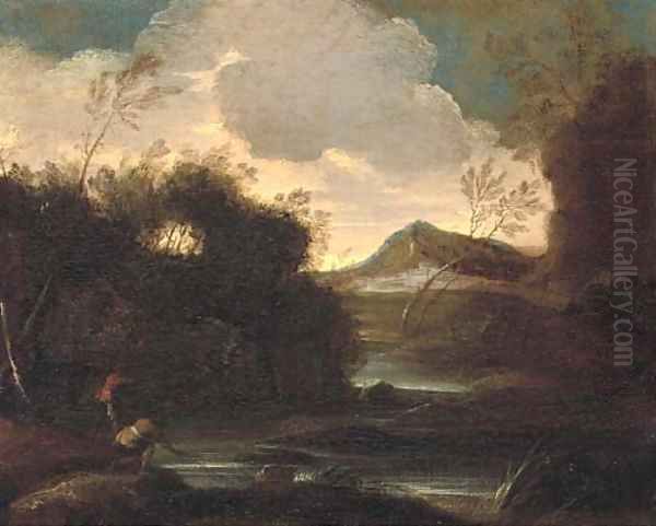 A wooded river landscape with fishermen, mountains beyond Oil Painting by Salvator Rosa