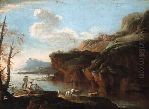 A coastal landscape with herdsmen on the shore Oil Painting by Salvator Rosa