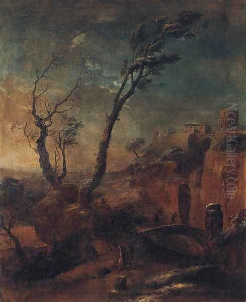 A mountainous landscape with travellers on a path and woodmen crossing a bridge Oil Painting by Salvator Rosa