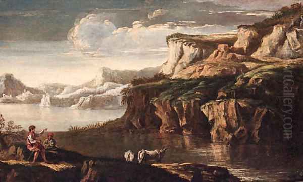 A rocky Italianate landscape with drovers and cattle at a pool Oil Painting by Salvator Rosa