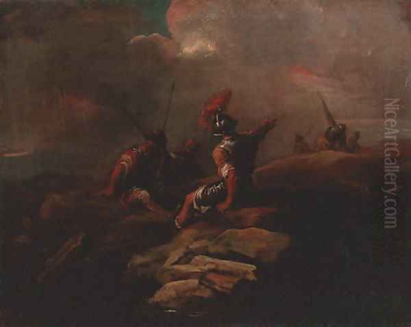 Banditti in an extensive rocky landscape Oil Painting by Salvator Rosa