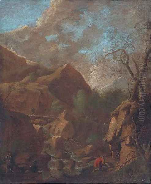 Figures by a cascade Oil Painting by Salvator Rosa