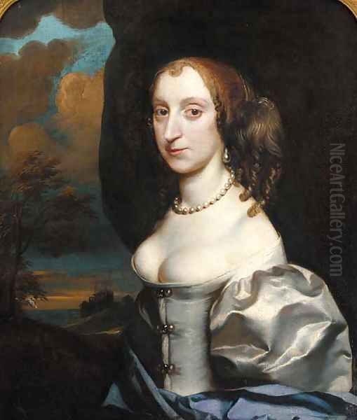 Portrait of a lady, half-length, in a white dress with blue wrap, in a landscape Oil Painting by (circle of) Russel, Theodore