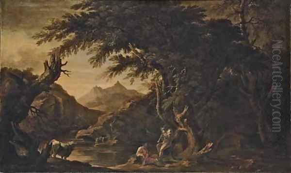 Argus, Io and Mercury in an extensive river landscape Oil Painting by Salvator Rosa