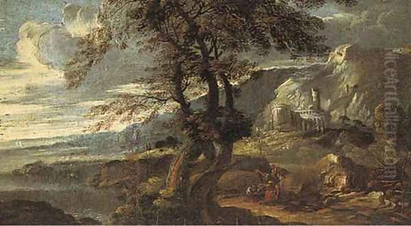 An extensive coastal landscape with classical ruins and figures at rest Oil Painting by Salvator Rosa