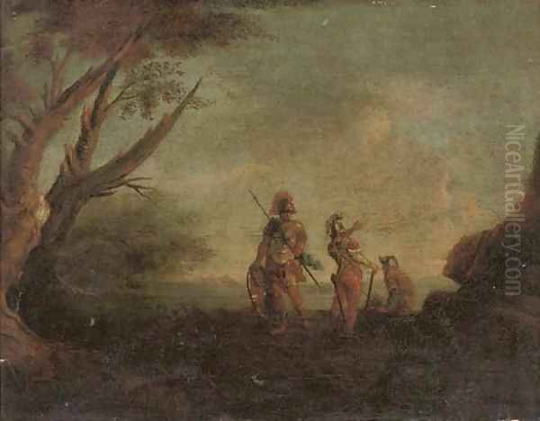 A landscape with three soldiers Oil Painting by Salvator Rosa