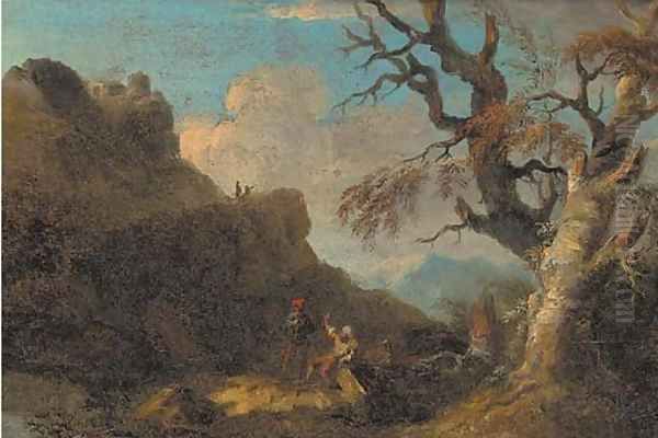 A mountainous landscape with figures resting by a tree Oil Painting by Salvator Rosa