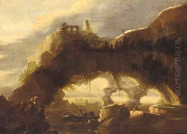 A rocky coastline with anglers before a natural arch Oil Painting by Salvator Rosa