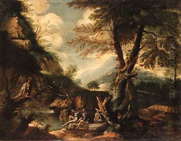 A wooded Italianate landscape with banditti on an outcrop Oil Painting by Salvator Rosa