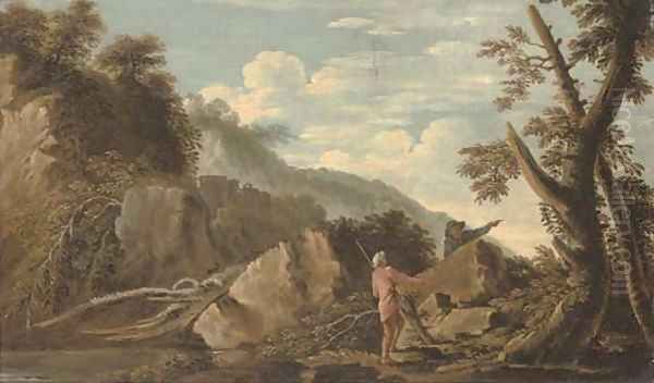 A wooded river landscape with figures in the foreground and a castle beyond Oil Painting by Salvator Rosa