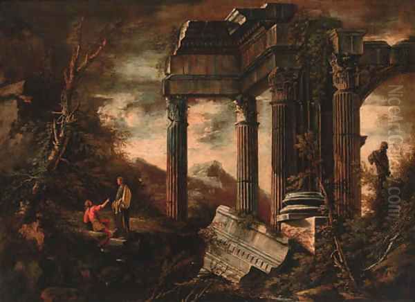 Figures resting before a classical ruin Oil Painting by Salvator Rosa