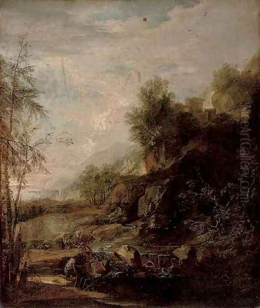 A mountainous landscape with anglers by a river Oil Painting by Salvator Rosa