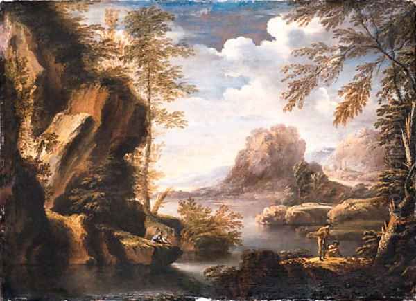 A mountainous river Landscape with Peasants conversing on a Bank Oil Painting by Salvator Rosa