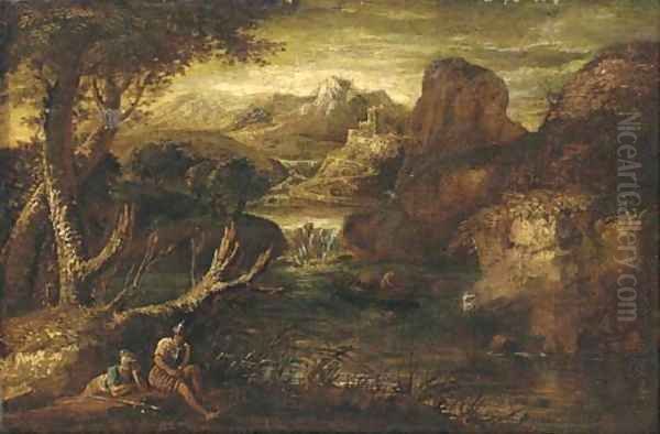 A mountainous river landscape with two soldiers at rest Oil Painting by Salvator Rosa