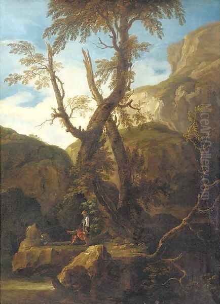 A rocky landscape with anglers by a stream Oil Painting by Salvator Rosa