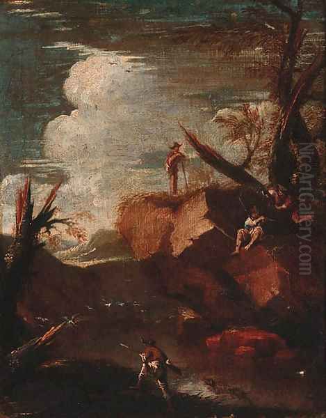 Banditti in a rocky landscape Oil Painting by Salvator Rosa