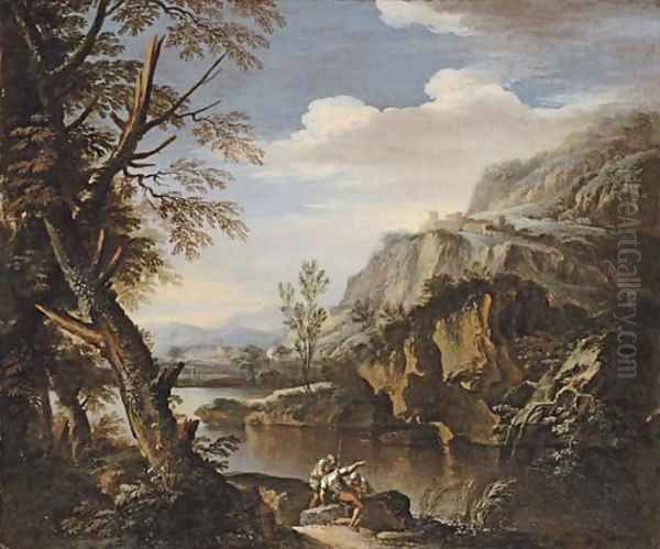 A mountainous wooded landscape with soldiers on a river bank Oil Painting by Salvator Rosa