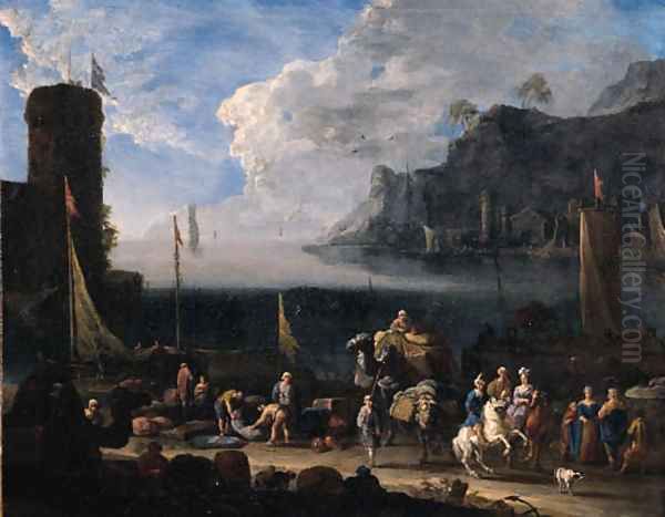 A mediterranean harbour with merchants unloading cargo and elegant travellers on a quay, at sunset Oil Painting by Arnold Frans Rubens