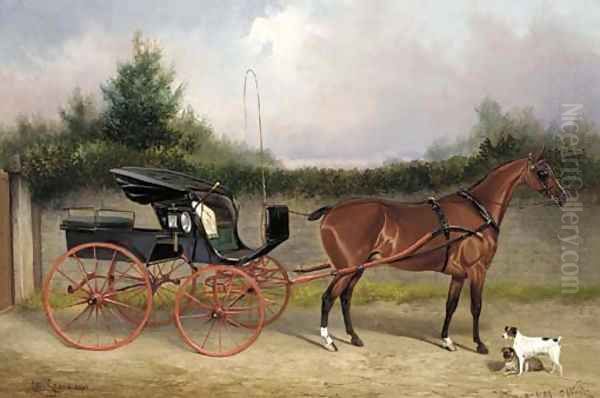 Shin-a-beg a bay horse in a phaeton, with a terrier and a pug in a stable yard Oil Painting by Colin Graeme Roe