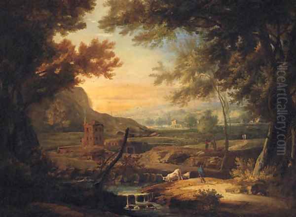 An extensive Italianate landscape with a herdsman by a stream Oil Painting by Marco Ricci