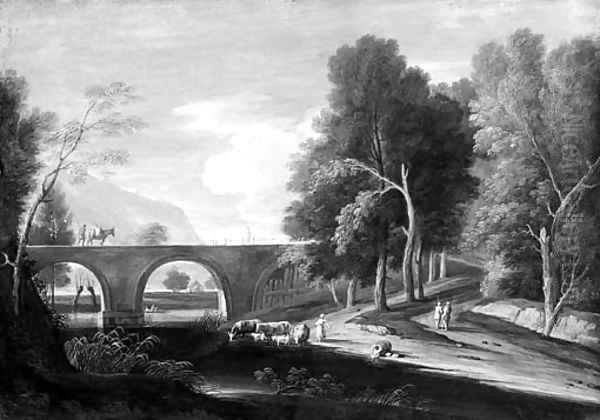 Extensive wooded landscapes with shepherds by a bridge and a lake Oil Painting by Marco Ricci