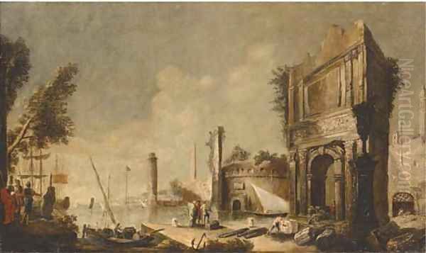 A capriccio of a Mediterranean harbour with figures amongst classical ruins Oil Painting by Marco Ricci