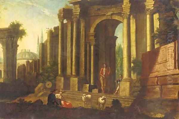 A capriccio of classical ruins with a shepherd and other figures Oil Painting by Marco Ricci