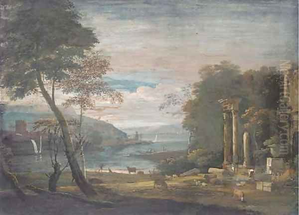 An estuary with ruins in the foreground Oil Painting by Marco Ricci