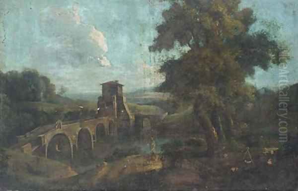 A landscape with travellers by a bridge Oil Painting by Marco Ricci