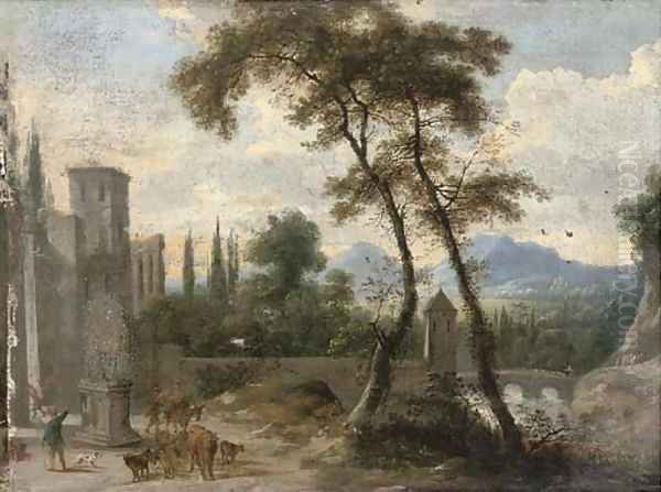 A river landscape with a turretted bridge and a drover by a statue Oil Painting by Marco Ricci