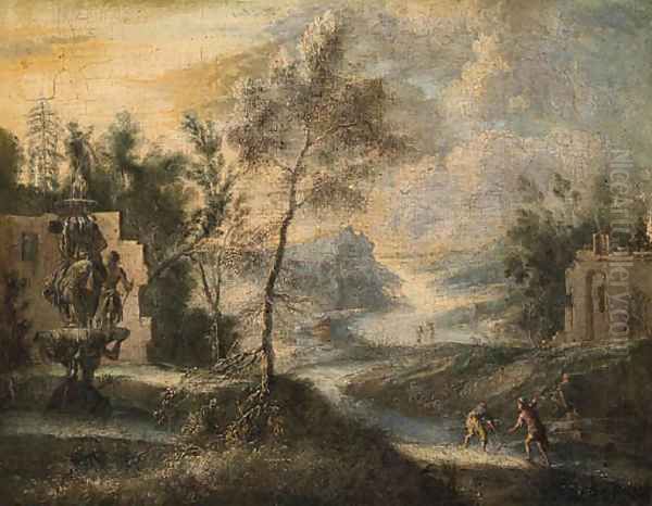 A River Landscape with Fisherman on a Bank near a Fountain Oil Painting by Marco Ricci