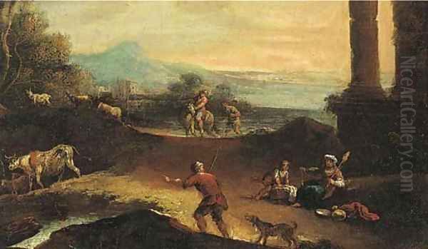 An extensive landscape with shepherds and other figures by classical ruins Oil Painting by Marco Ricci