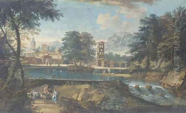 River landscape with bathers and a town in the background Oil Painting by Marco Ricci