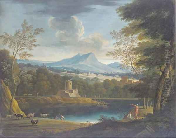 A classical landscape with a fortress on a lake, cattle in the foreground Oil Painting by Marco Ricci