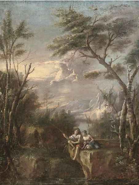 A wooded river landscape with figures fishing on a cliff Oil Painting by Marco Ricci