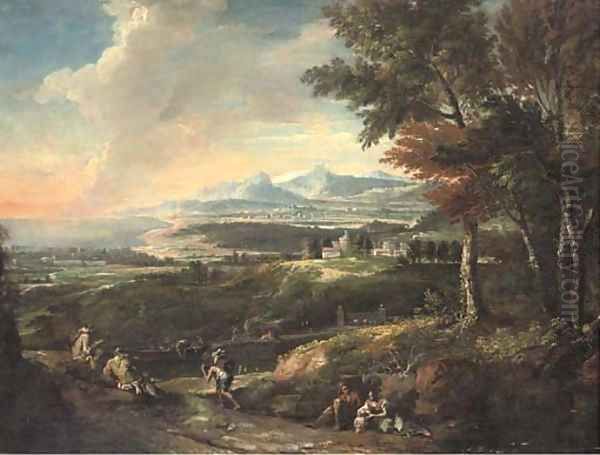 An Italianate landscape with monks and other travellers by a river, a bay beyond Oil Painting by Marco Ricci