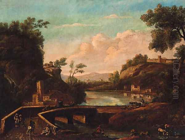 An Italianate river landscape with travellers and a drover crossing a bridge Oil Painting by Marco Ricci