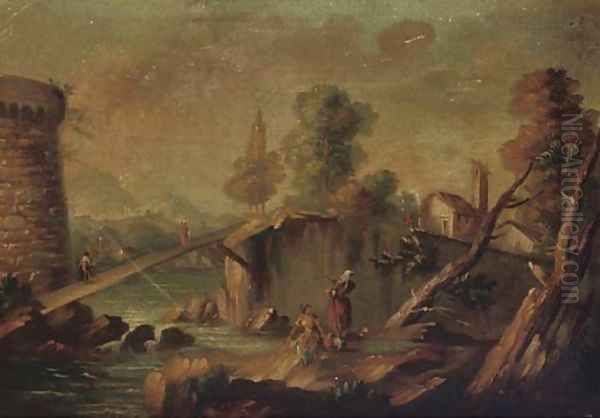 Washerwomen near a bridge, a fortress beyond Oil Painting by Marco Ricci