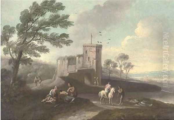 A coastal landscape with travellers at halt by a tower Oil Painting by Marco Ricci