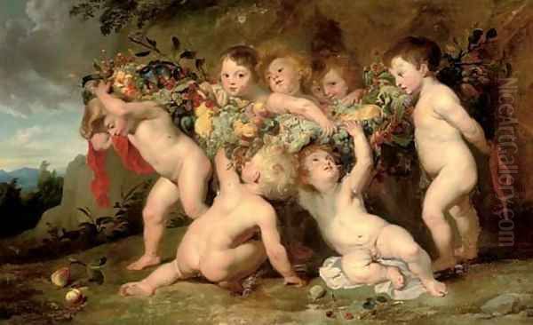 Putti carrying a swag of fruit in a landscape Oil Painting by Sir Peter Paul Rubens