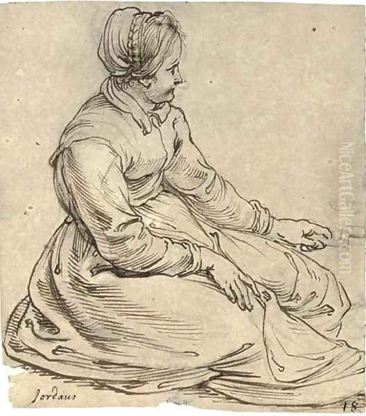 A seated girl wearing a cap, in profile to the right, turning a spit Oil Painting by Sir Peter Paul Rubens