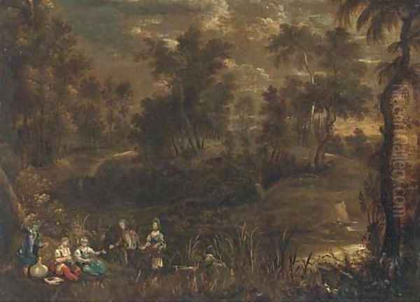 A wooded river landscape with elegant company in the foreground Oil Painting by Sir Peter Paul Rubens