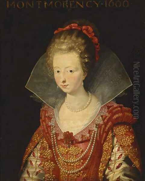 Portrait of Charlotte-Marguerite de Montmorency, Princess of Conde , bust-length, in a red dress with slashed sleeves and a white ruff, and red ribbon Oil Painting by Sir Peter Paul Rubens