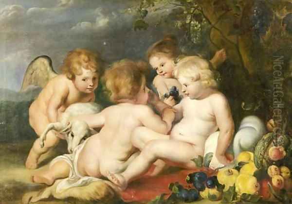 The Infant Christ and the Infant Saint John the Baptist seated in a landscape attended by Angels Oil Painting by Sir Peter Paul Rubens