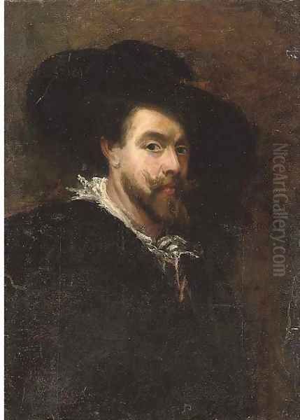 Portrait of the artist, half-length, wearing a black hat Oil Painting by Sir Peter Paul Rubens