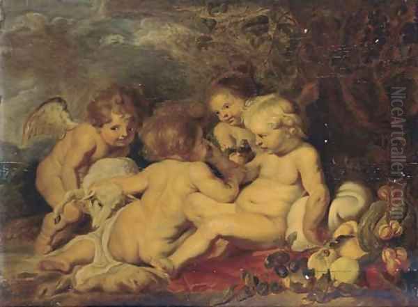 The Christ Child and the Intant Saint John the Baptist with putti in a wooded clearing Oil Painting by Sir Peter Paul Rubens