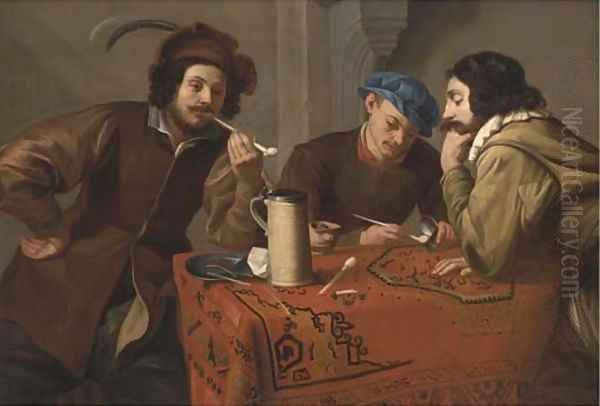 Three men smoking and drinking at a table in an interior Oil Painting by (circle of) Rombouts, Theodor