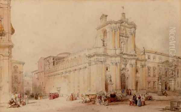 Cardinals and other figures in an Italianate square Oil Painting by David Roberts