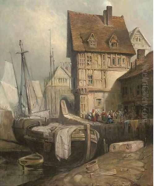 Figures in a continental harbour Oil Painting by David Roberts