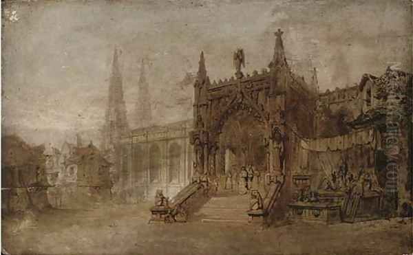 Figures leaving a cathedral Oil Painting by David Roberts